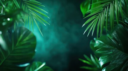 Obraz premium A stunning arrangement of tropical leaves fills the space, creating a lush, vibrant atmosphere that evokes a sense of mystery and tranquility amidst nature's beauty.