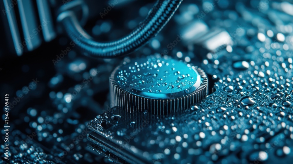 Poster A detailed close-up view of a circuit board covered in droplets, highlighting the intersection of technology and nature through a unique visual representation.