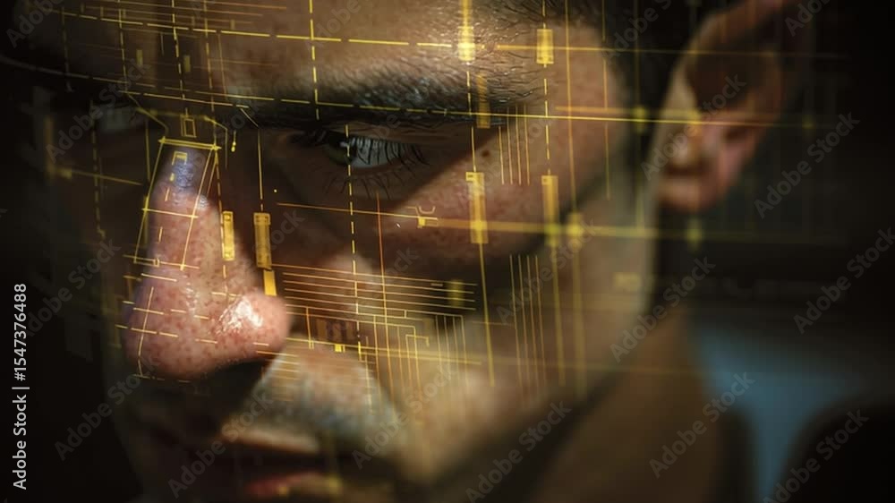 Aufkleber close-up of a male face presenting digital symbols and circuit patterns reflecting light in a tech-i
