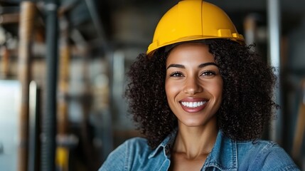 A confident woman wearing a yellow hard hat, smiling warmly in a construction setting, representing empowerment and professionalism in the workforce.