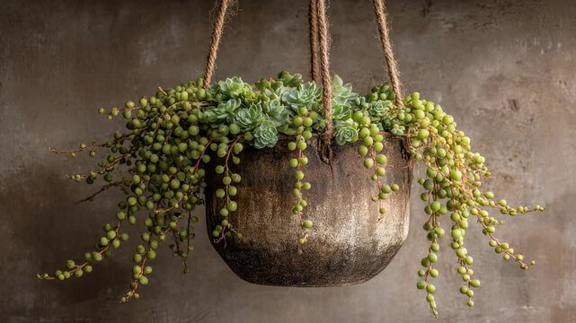 Elegant senecio rowleyanus plant in hanging pot against a textured backdrop