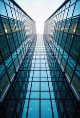 Obraz premium A clean, symmetrical low-angle shot of two modern glass office towers reaching towards the sky, showcasing sleek architectural lines and corporate precision. 