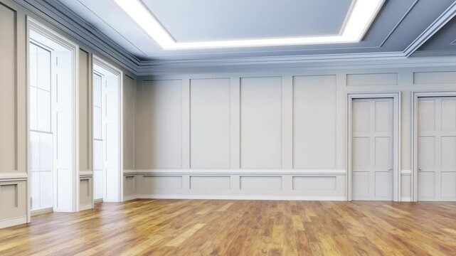 Classic empty room with wooden floor and high ceiling
