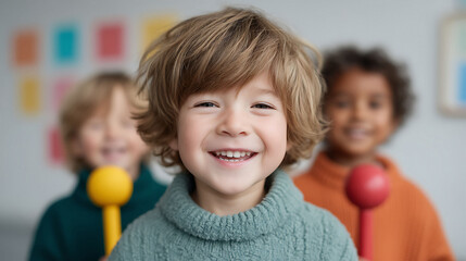 Cheerful portrait of a young boy with a beaming smile and diverse friends. Captures childhood joy, friendship, and inclusivity, ideal for educational or lifestyle content.
