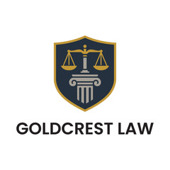Goldcrest Law Firm Logo: Justice, Scales, Shield Design