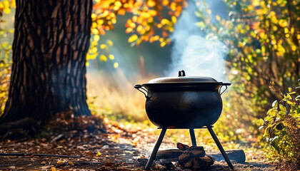 black cauldron steaming over wood fire among yellow foliage in fall forest, rustic outdoor cooking, halloween camping meal, autumn travel atmosphere, copy space