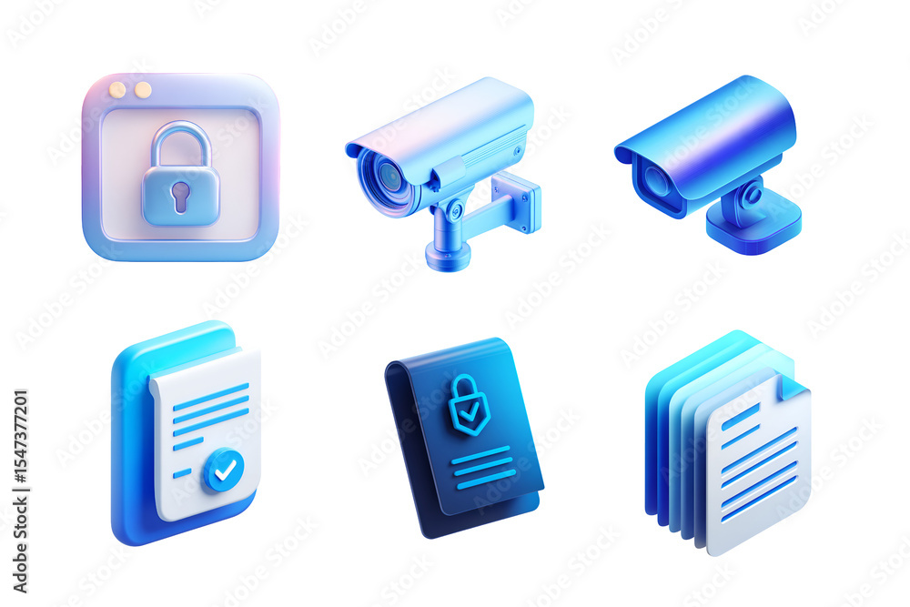 Poster a collection of modern security icons including padlock, surveillance camera, and document represent