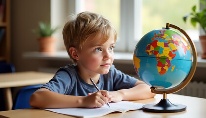 Fototapeta premium thoughtful boy sitting at desk looking at globe during geography lesson, early education, curiosity, children’s day, copy space