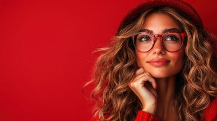 Fototapeta premium A young woman with curly hair and glasses gazes thoughtfully against a striking red background, highlighting curiosity, creativity, and a blend of modern elegance.
