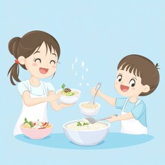 of a loving Asian family happily serving homemade porridge into bowls together showcasing a heartwarming domestic scene of sharing a comforting meal in a flat design style