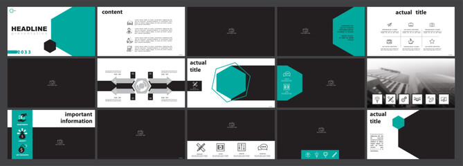 Business presentation template. Set, infographic elements, green design, white background. Office building flyer, corporate photo card, powerpoint. Slide show, annual report, vector illustration