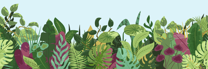 Tropical forest seamless background. Nature green leaves, exotic plants, botanical border, horizontal floral loopable banner