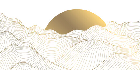 Obraz premium Vector sunset, sunrise line gold on white background. Mountains, sea waves, hills, desert japanese art. Minimalist adventure peaceful oriental landscape