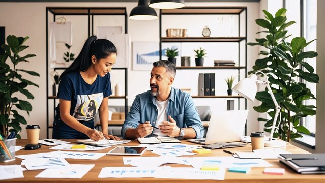 Two businesspeople are collaborating on a project, analyzing charts and statistics together in a modern office environment, fostering teamwork and innovation