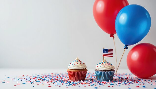 Patriotic cupcakes with american flag and balloons for fourth of july celebration holiday party decor