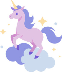 Magical unicorn dancing on a cloud with stars, soft gradient vector illustration with white background.