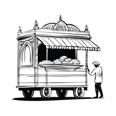 Vada Pav Street Stall_Minimal vector line illustration of a Mumbai street food cart selling