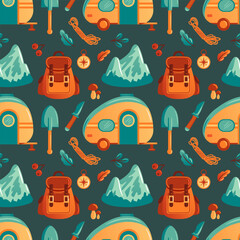 vector illustration features a vibrant camping-themed pattern with elements like colorful trailers, backpacks, mountains, tools, and nature motifs. Perfect for outdoor and adventure-inspired designs.