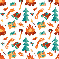 vector illustration presents a fun camping pattern featuring campfires, axes, binoculars, ropes, maps, and pine trees. Ideal for outdoor-themed designs and adventure merchandise.