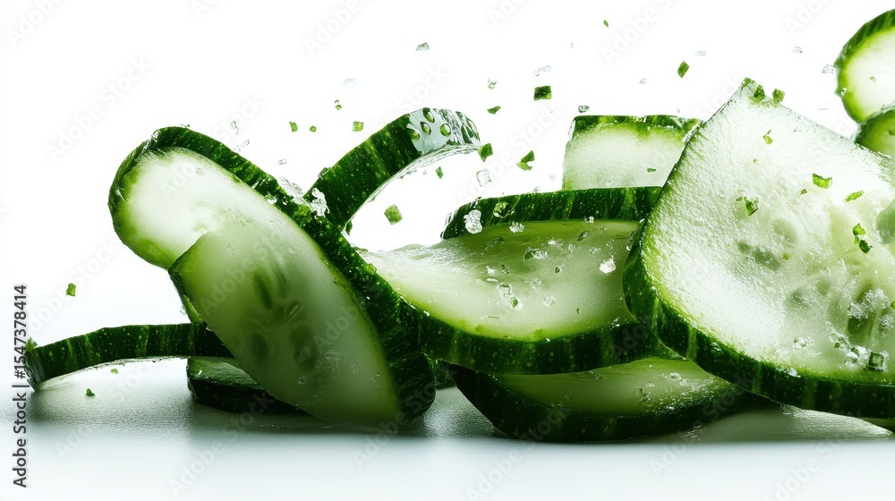 Poster vibrant and fresh cucumber slices are dynamically splashed with seasoning, creating a refreshing and
