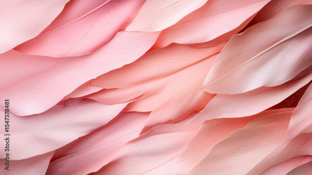 Poster an intricate and colorful abstract representation of soft pink feathers, blending together in a rhyt