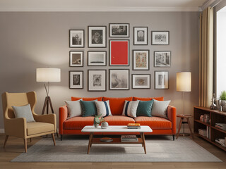 Modern Living Room Interior Design with Orange Sofa and Gallery Wall