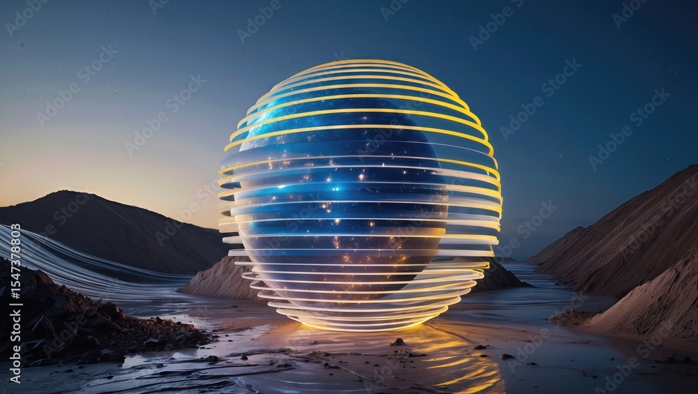 Poster abstract spherical structure with illuminated, layered stripes in a desert landscape at dusk under a
