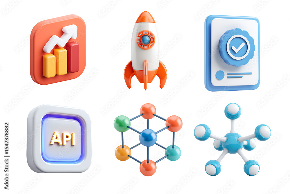 Poster a colorful 3d illustration displaying various technology icons including a rocket, graphs, and a net