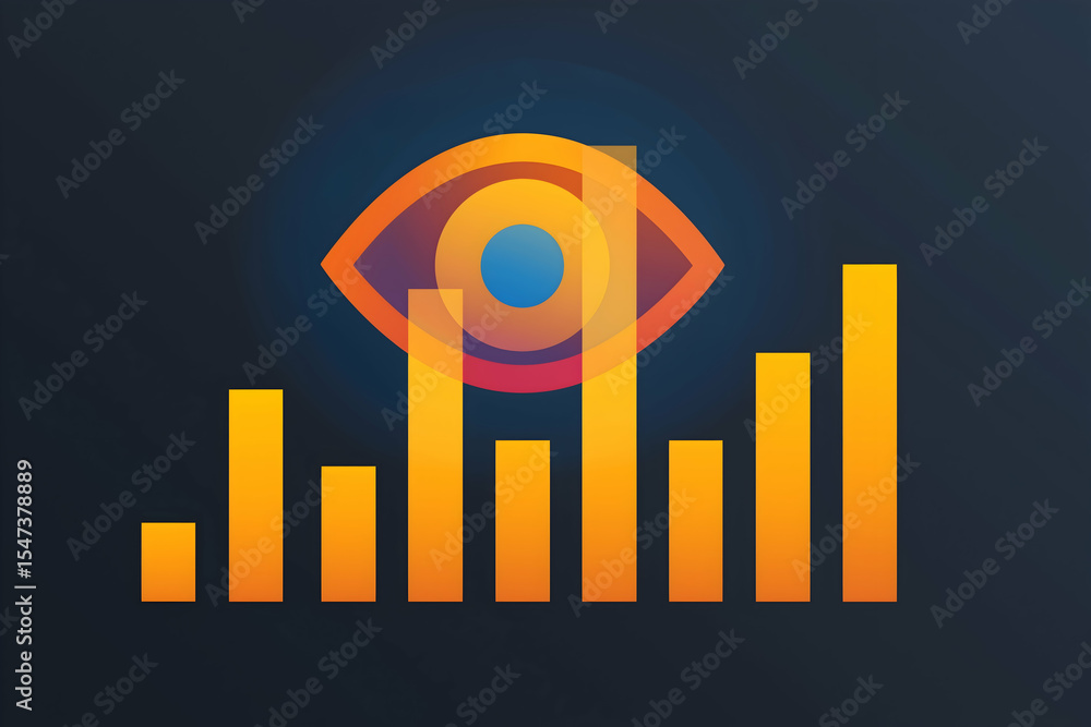 Poster an abstract illustration of an eye combined with a rising bar chart, symbolizing data visualization,