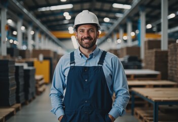 Shift engineer smiling in a plastics warehouse, showcasing professionalism
