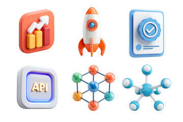 A colorful 3D illustration displaying various technology icons including a rocket, graphs, and a network symbolizing growth, innovation, and connectivity in the digital age.
