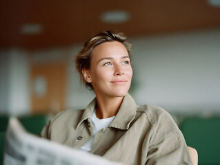 Smiling woman with thoughtful gaze, holding a newspaper. Soft focus. Represents optimism, anticipation, and mindful living. Great for lifestyle  wellness blogs.