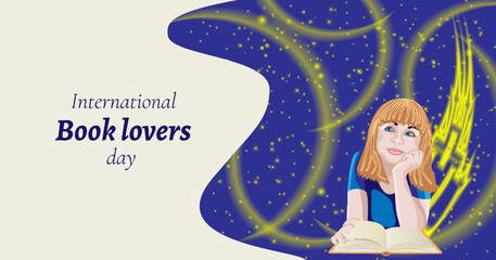 Girl reading book. Night sky with castle and magic light. International Book Lovers Day. Horizontal template. Isolated vector illustration.