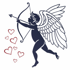 Cupid with bow and arrow, hearts, isolated vector illustration, transparent background