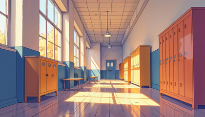 Bright, colorful school hallway with lockers lining the walls and sunlight streaming across the floor. Cheerful educational atmosphere with clean design.
