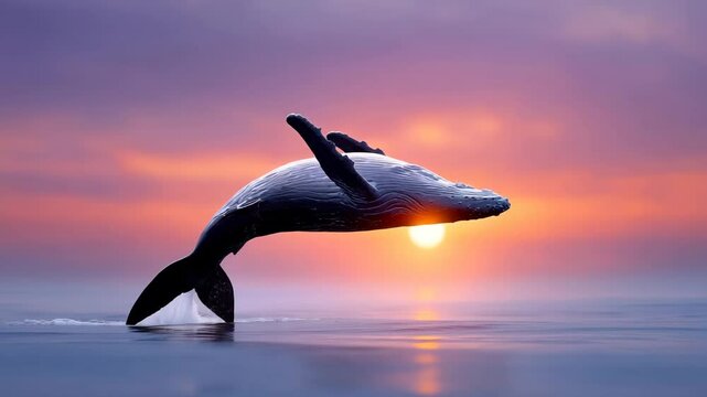 Whale's Aerial Ballet: A humpback whale breaches the ocean surface against a fiery sunset sky, displaying a captivating dance of nature's majesty. 
