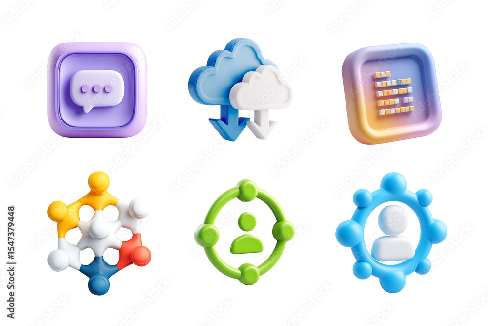 Poster colorful 3d icons representing cloud computing, networking, and data analysis. suitable for modern d