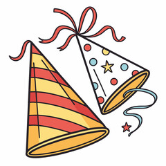 Two colorful party hats with ribbons and stars celebration festive