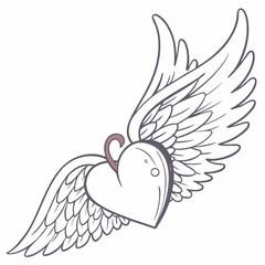 Heart with wings design romantic love tattoo illustration