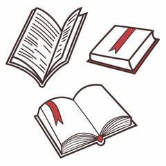 Three hand drawn book illustrations open closed bookmark