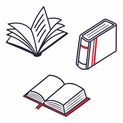 Three stylized book illustrations open book closed book pages