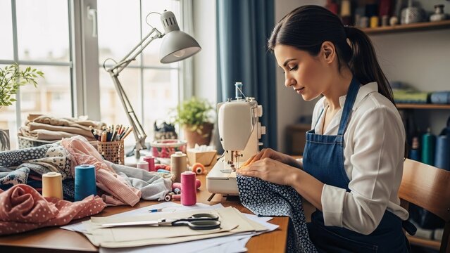 Fashion designer working on a new clothing collection at her bright and airy home studio, using a sewing machine and surrounded by colorful fabrics and sewing tools - Powered by Adobe
