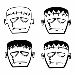 Four professional frankenstein monster faces clipart, isolated cutouts, transparent background