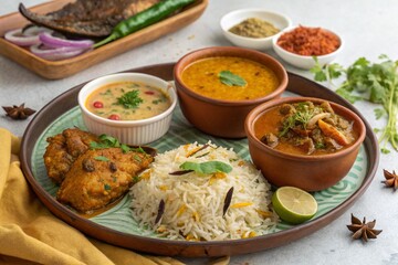 Delicious Indian Thali: Mutton Curry, Fish Fry, Rice, and Dal