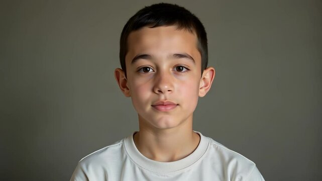 Portrait of a Palestinian Boy Twelve Years Old Showing a Shy Expression Wearing a Simple Cotton Shirt