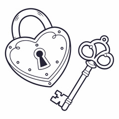 Heart shaped padlock and ornate key romantic illustration
