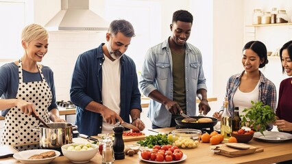 Cheerful multi-ethnic friends are cooking healthy food together, cutting vegetables and preparing burgers in a modern kitchen, enjoying their time together
