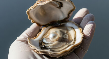 Gloved hand holding open oyster shell with single round pearl exposed against neutral blurred background