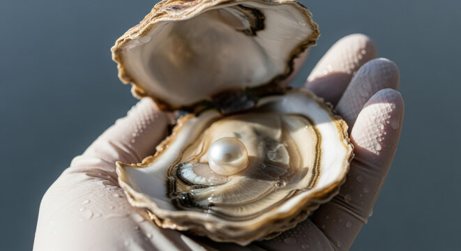 Gloved hand holding open oyster shell with single round pearl exposed against neutral blurred background