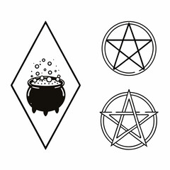 Witchcraft symbols cauldron pentagram isolated vector graphics